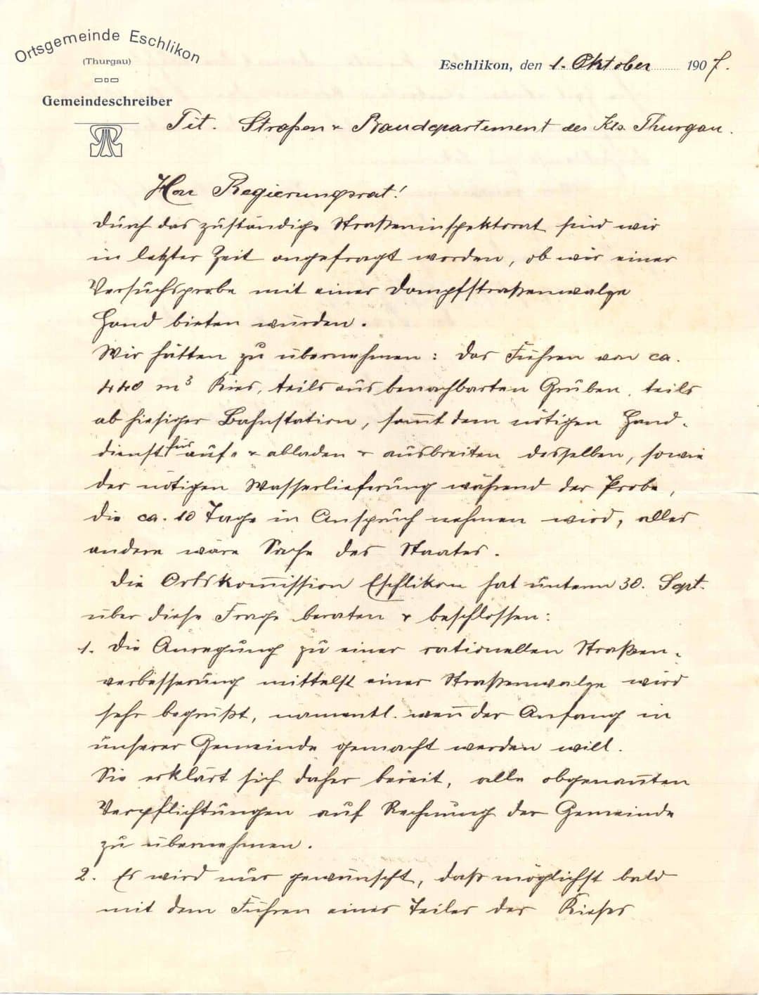 1905 Brief Ortsgemeinde Eschlikon an den Kanton Thurgau 1